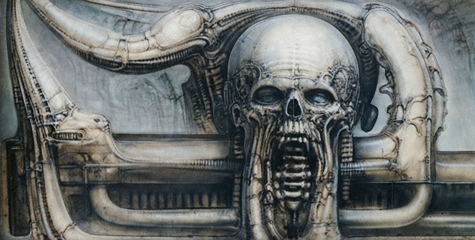 g1g3r, The image is a detailed view of H.R. Giger's \" Landscape XVI \" plate, featuring a complex network of bones and organs in a purple-brown hue ,swirling gray and brown colors. The artwork is silver and purplish brown, with an ivory bones prominently displayed. The image is highly detailed and intricate, almost like a 3d version of a medical diagram
The image is an artistic representation of a mechanical structure with pipes and gears, with a skeletal creature and a windmill blade.


The image depicts a surreal, anatomical illustration of a alien body with a skeleton inside, surrounded by a network of tubes and pipes.

biomechanical landscape by Hans Rudie Giger composed of fossilized and mummified alien life forms. Image depicts a strange and dreamlike, combines biological and mechanical ,managed  to dreamlike quality. Centralized recognizable shapes of skulls, rib cages, and spines, all intertwined with tubes and cables. These shapes suggest fossilized mummified alien life forms. Central skeletal structures and what appears to be a ribcags of ivory in the foreground are the most identifiable organic elements. The mechanical elements are evident in the wires and tubes emanating from the skeletals, as well as the smooth metallic tubes. In the background shapes are visible that could be interpreted as other fossilized or mummified alien life.
Light source from the top highlights skeletals, upper part of foreground, lower part of image is in shadow.


The piece is a tableau, most likely created with a India ink pen or pencil on paper, determined by the thin lines, shading techniques, and the texture of the paper, which is visible around the edges.
used is pen, given the shading and variations in line weight visible in the image. One have used a variety of pencils with different degrees of hardness to achieve the shading effects

The style  is clearly biomechanical. Features combination of organic and mechanical forms. Mechanical elements dominate the composition