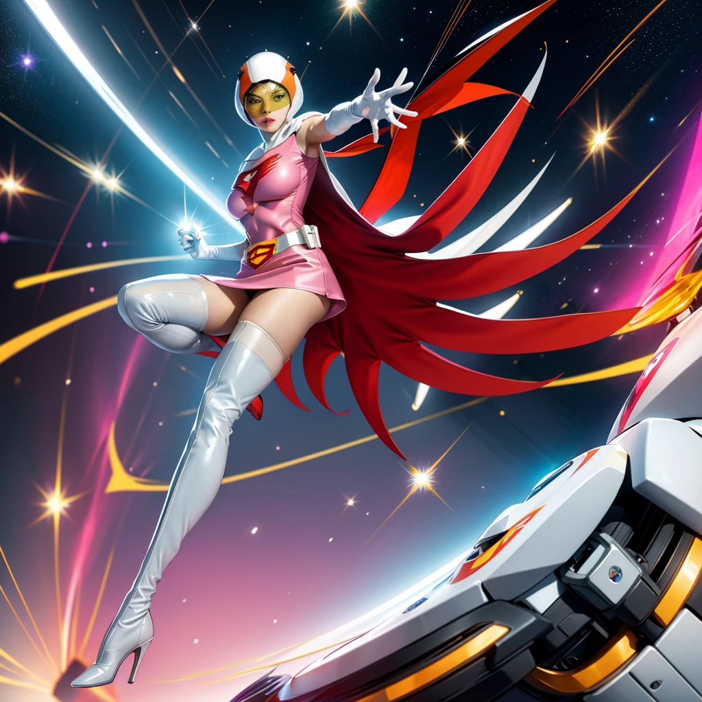 ANI_CLASSIC_jun_gatchaman_ownwaifu,1girl, 15yo,good anatomy, masterpiece, best quality,realistic, hyperrealistic, 16k hdr, long hair,breasts,green eyes,lips,large breasts,lipstick,makeup,gloves,cape,helmet,belt,elbow gloves,white gloves,mask,ultra miniskirt,leotard,spacesuit,white tight overknee highheels boots,pink dress,superhero,bodysuit,cleavage,erected nipples,(sexy pose,view from below),(spread legs:1.1),cameltoe