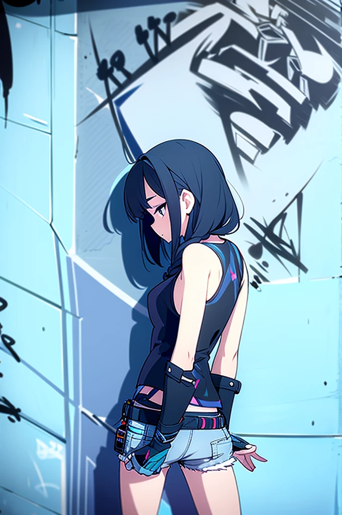 cute girl wearing sleeveless, shorts, sexy, butt, graffiti-style