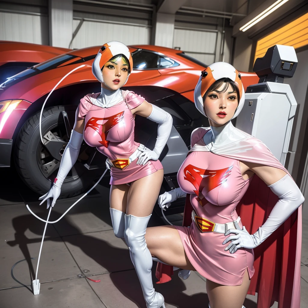 ANI_CLASSIC_jun_gatchaman_ownwaifu,1girl, 15yo,good anatomy, masterpiece, best quality,realistic, hyper realistic, 16k hdr, long hair,breasts,lips,large breasts,lipstick,makeup,gloves,cape,helmet,belt,elbow gloves,white gloves,mask,ultra miniskirt,leotard,spacesuit,white tight overknee highheels boots,pink dress,superhero,bodysuit,cleavage,erected nipples,(stand pose,hands on hip),(spread legs:1.1),cameltoe