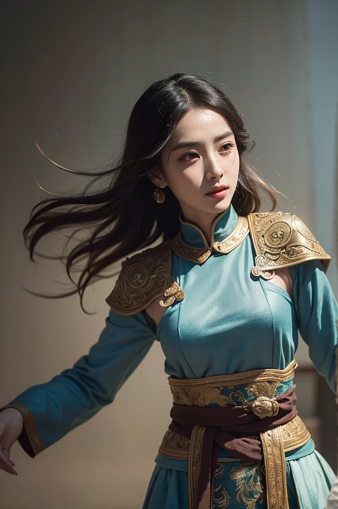 1girl, Dunhuang Flying Apsaras costume, messy long hair, Ji Jian, Dunhuang style, a lot of smoke, superb, elegant colors, (realistic, high detail, masterpiece, super detailed, dynamic angle, mural background, ink wash, amazing, movie lighting, illustration, chiaroscuro, backlighting, god rays, holland, best quality, best quality