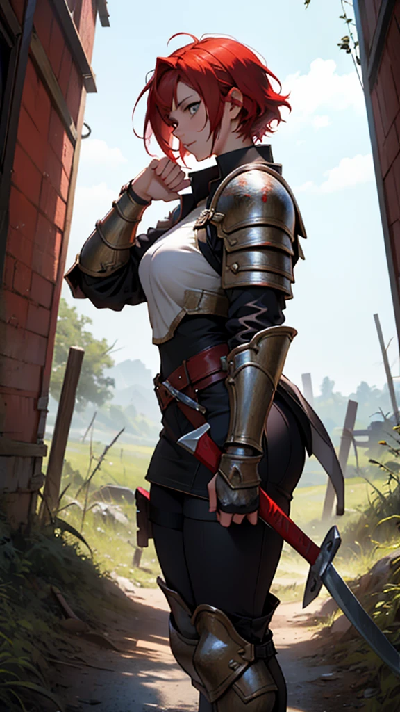 Red-haired girl with short hair with partially destroyed armor, slightly injured wielding an ax imbued with red magic on a ruined battlefield