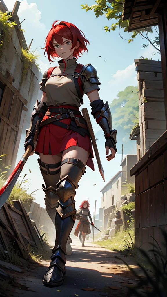 Red-haired girl with short hair with partially destroyed armor, slightly injured wielding an ax imbued with red magic on a ruined battlefield