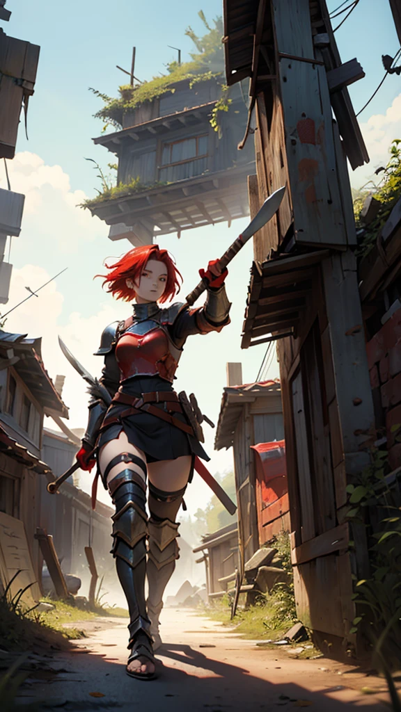 Red-haired girl with short hair with partially destroyed armor, slightly injured wielding an ax imbued with red magic on a ruined battlefield