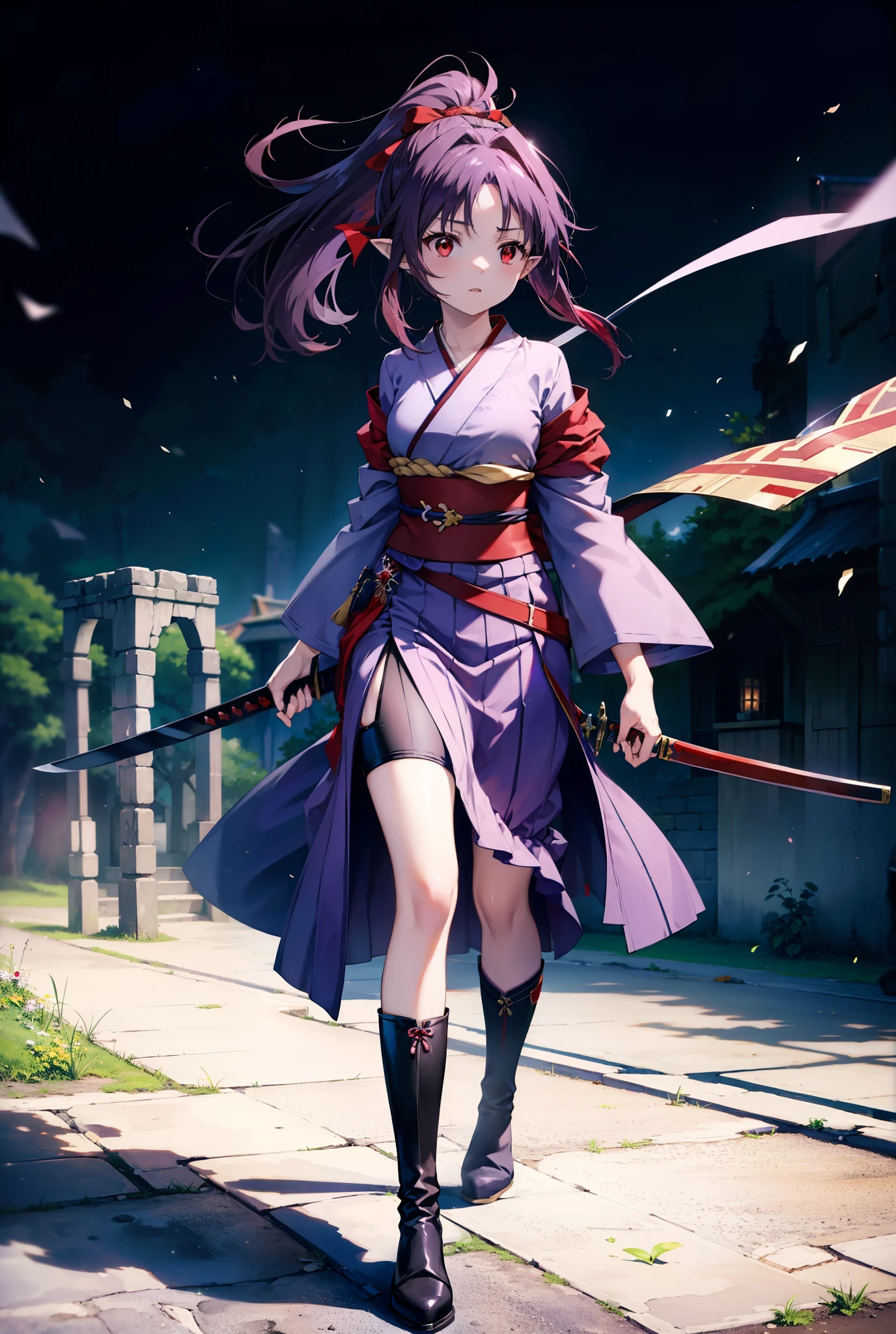 yuukikonno, Yuki Konno, hair band, Long Hair, Pointy Ears,ponytail, Purple Hair, (Red eyes:1.5), (Small breasts:1.2), Open your mouth,Purple kimono,Red long skirt,boots,Hold the sword grip with both hands,Battoujutsu,
break looking at viewer, Upper Body, whole body,
break outdoors, Medieval European streets,
break (masterpiece:1.2), Highest quality, High resolution, unity 8k wallpaper, (shape:0.8), (Narrow and beautiful eyes:1.6), Highly detailed face, Perfect lighting, Extremely detailed CG, (Perfect hands, Perfect Anatomy),