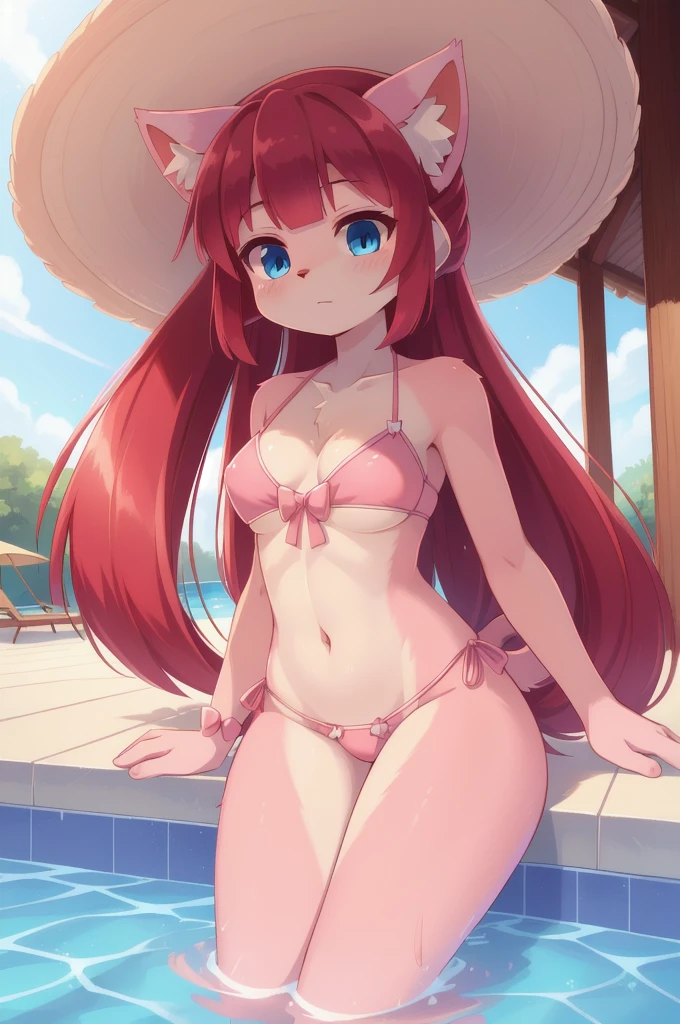 furry girl, cat, red hair, Knight bangs hairstyle, long ponytail, anime style, medium breasts, blue eyes, ((bright pink bikini Bandeau with bow in the center, side bows at the bottom, wide-brimmed hat)), high quality, detailed body, detailed eyes, detailed face, masterpiece, glistening body, detailed body fur, best quality, two tone body, pink fur, clear pink fur, perfect lighting, perfect shadows, perfect eyes, perfect hair, perfect face, gorgeous body, skinny, :3, pool, clear sky, uperbody,