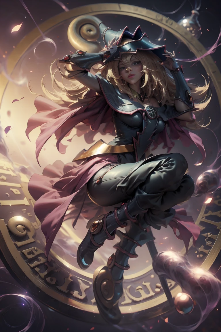DarkDark magician gils, with high-heels. pants, sexy, Subjective and sensual pose. Long blonde hair. blue eyes. Red lips. Levitating above a circle of magic. .