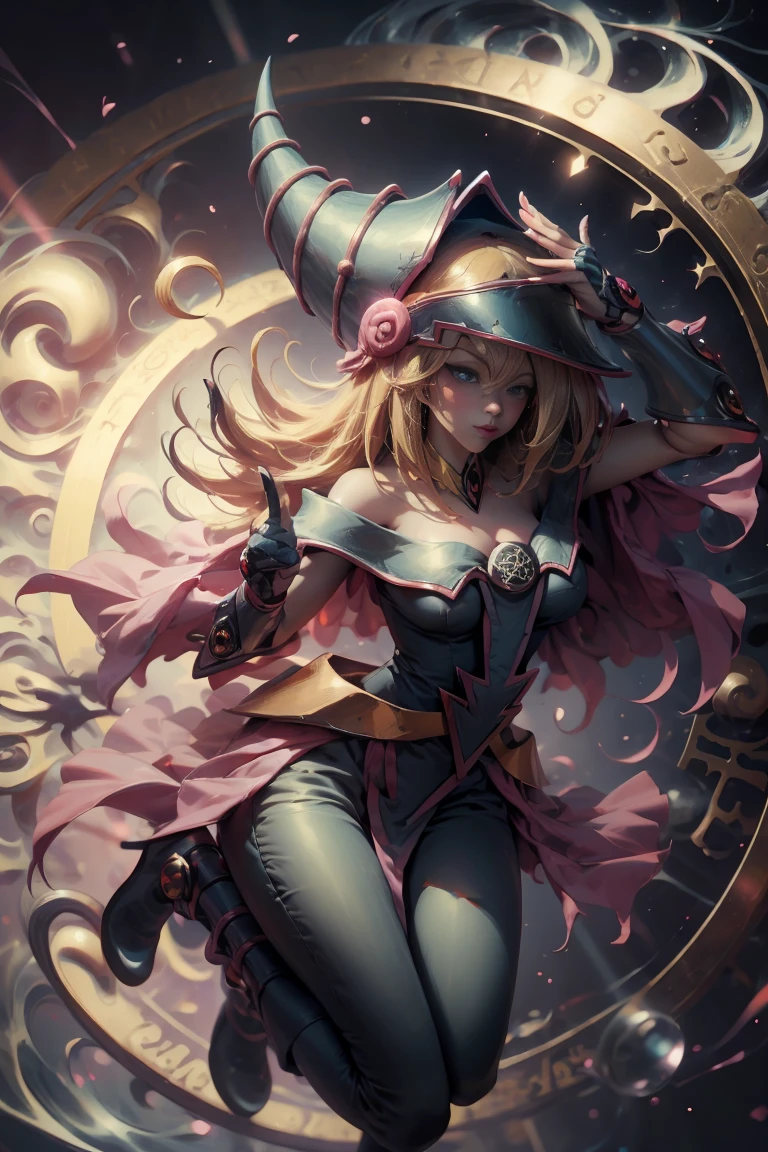 DarkDark magician gils, with high-heels. pants, sexy, Subjective and sensual pose. Long blonde hair. blue eyes. Red lips. Levitating above a circle of magic. .
