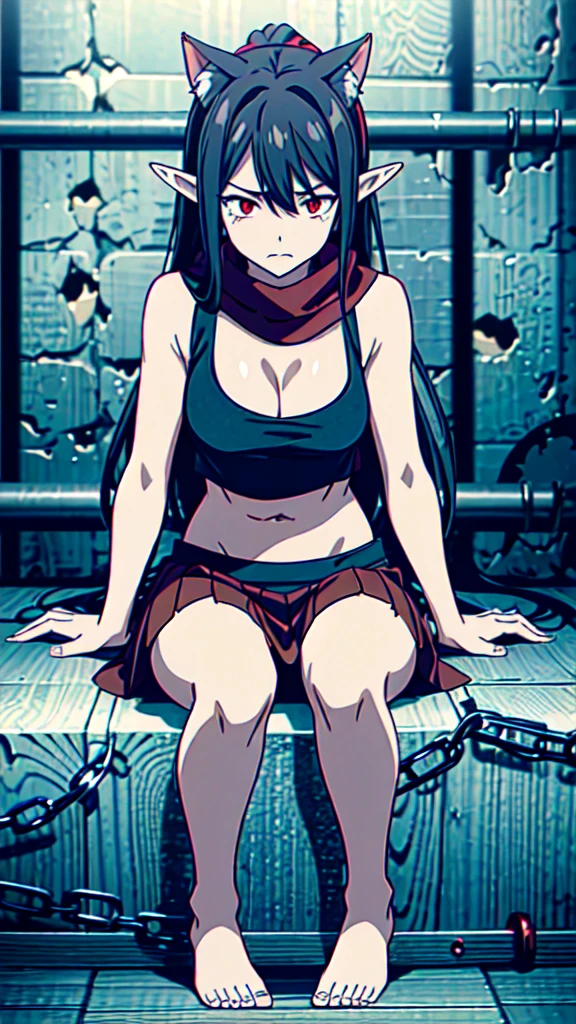 1girl ,20s,show belly,black sleeveless and shoulderless t-shirt,cleavage,slave's torn red skirt,red scarf,bare foots,,medium tits,black hair,long hair,red eyes,elves ears,Cat ears,scared expression,crying, sitting on the floor in a dark and dirty prison saddle