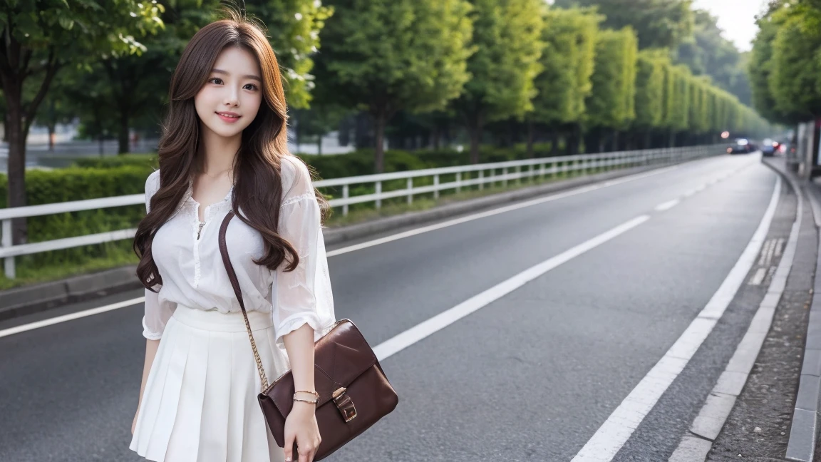 Highest quality、High resolution、8k wallpaper、Dense and beautiful eyedium hair、(Beautiful breasts:1.3)、Natural color lip、20-year-old woman、1 female、Brown Hair、Semi-long hair、smile、Fluffy blouse、mini skirt、Wearing heels、Carrying a bag、On the road、Walking、Scramble crossing