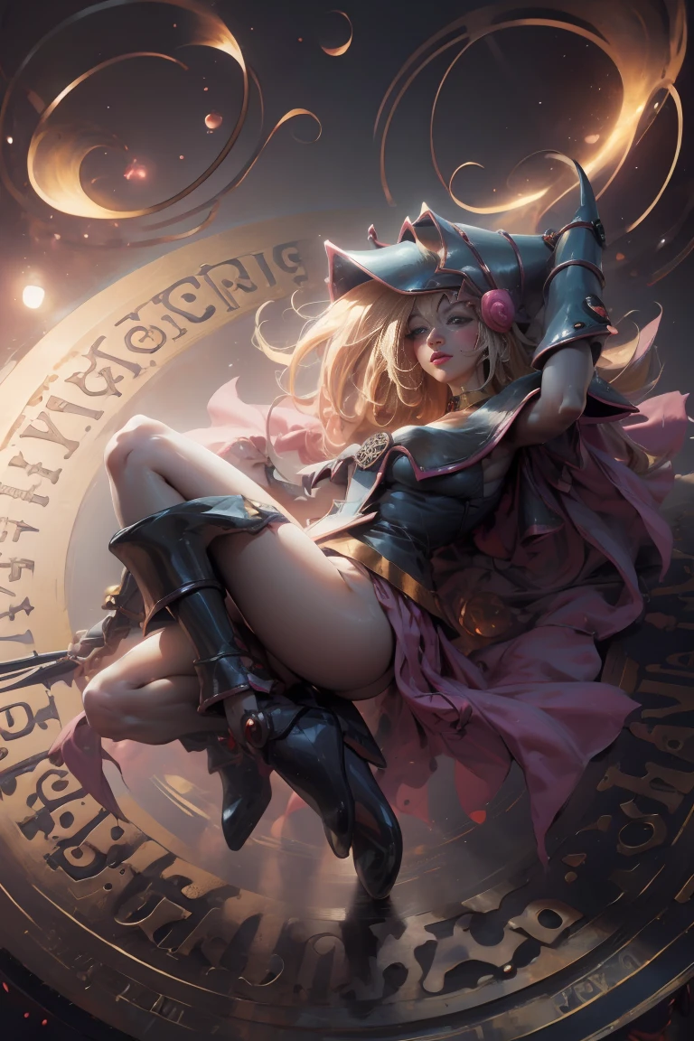 DarkDark magician gils, with high-heels. licra, sexy, Subjective and sensual pose. Long blonde hair. blue eyes. Red lips. Levitating above a circle of magic. .