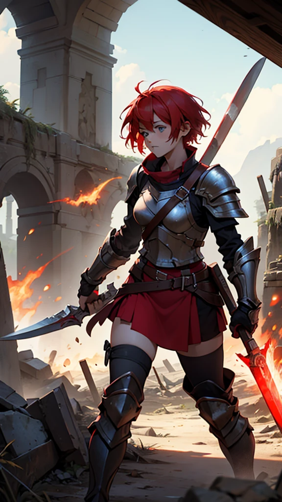 Red-haired girl with short hair with destroyed armor, injured wielding an ax imbued with red magic on a ruined battlefield