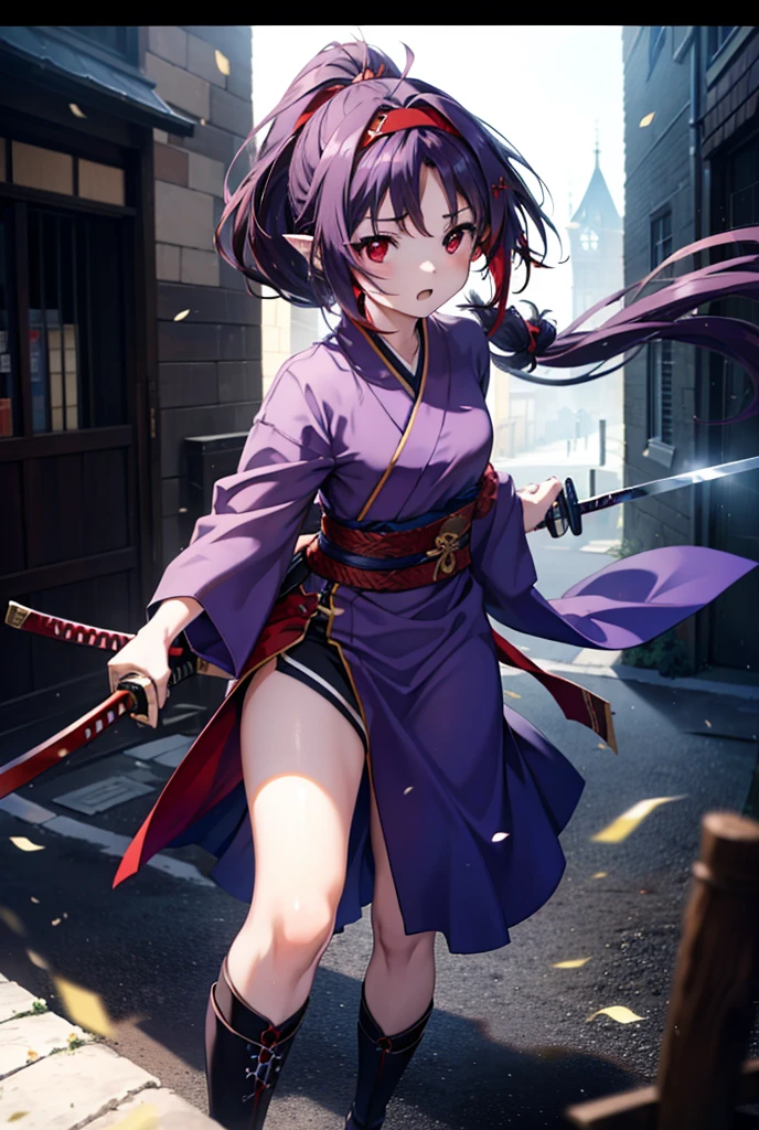 yuukikonno, Yuki Konno, hair band, Long Hair, Pointy Ears,ponytail, Purple Hair, (Red eyes:1.5), (Small breasts:1.2), Open your mouth,Purple kimono,Red long skirt,boots,Hold the sword grip with both hands,Battoujutsu,
break looking at viewer, Upper Body, whole body,
break outdoors, Medieval European streets,
break (masterpiece:1.2), Highest quality, High resolution, unity 8k wallpaper, (shape:0.8), (Narrow and beautiful eyes:1.6), Highly detailed face, Perfect lighting, Extremely detailed CG, (Perfect hands, Perfect Anatomy),