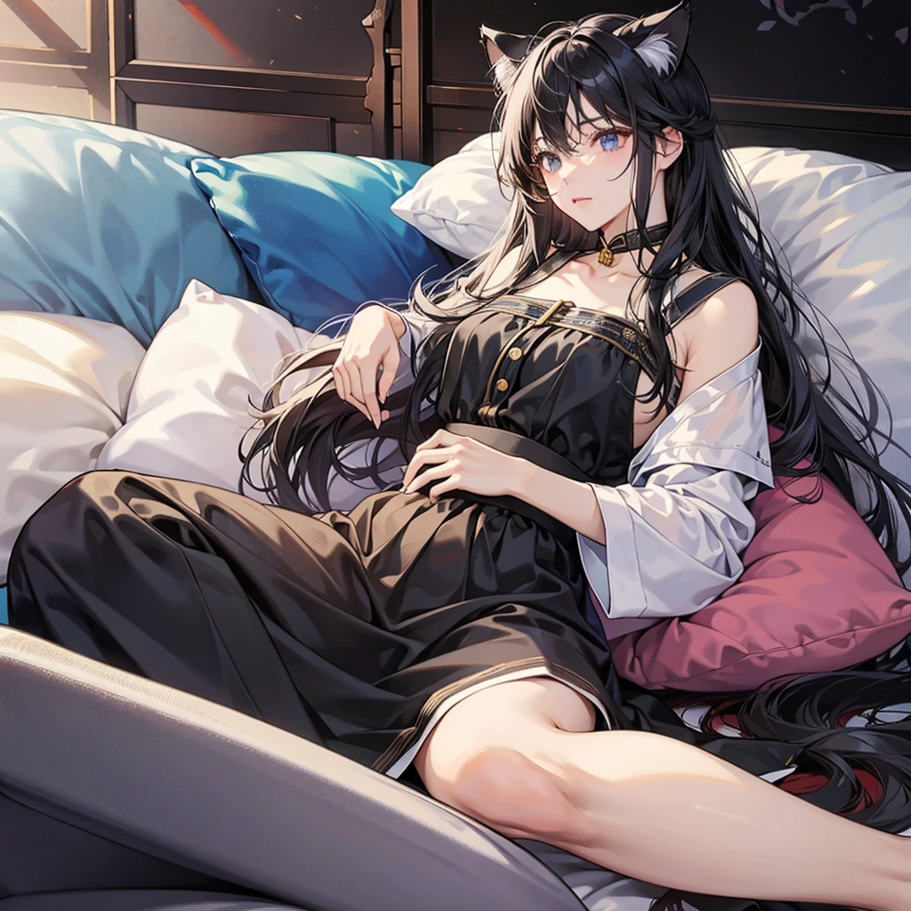 one,of cat ears,of long hair,有one小鱼尾巴,,Casual wear,Lying on the sofa。