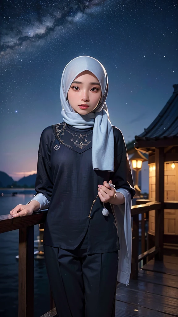 ((masterpiece)), super detailed, highly detailed, 16k, high resolution, ((Indonesia girl hijab)), ((long hijab, close hijab)), fit body, perfect eyes, pale skin, fair skin, perfect skin, ((outdoor)), at night, ultra-delicate face, delicate eyes, double eyelids, half smile, Realistic, beautiful and delicate photo,heterosexual, braless, standing, ((night time, night sky, low light, darkness, dark night)), cold expression, cold pose, front view, ((Wide-leg linen pants)), at javanese village,muslim clothes ((sma))
