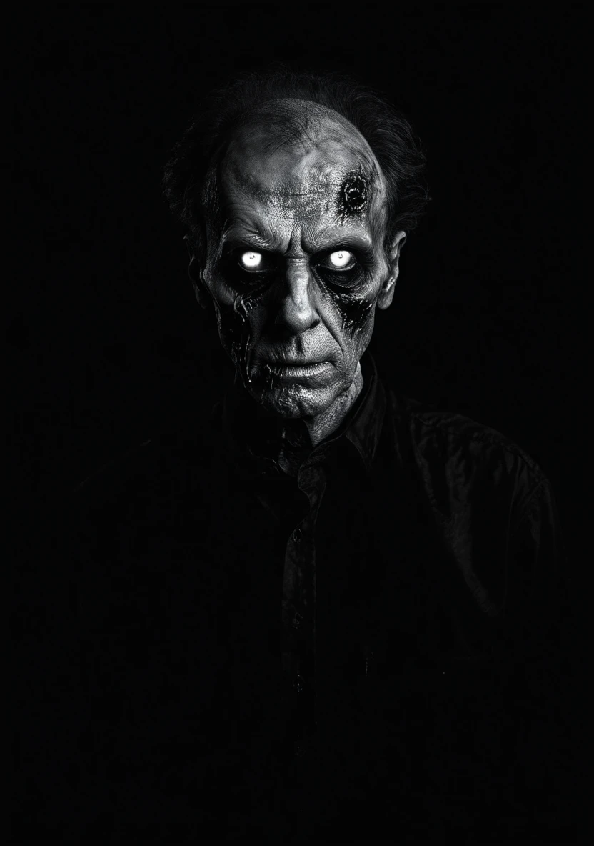 A single Zombie James Watson man black olo shirt in the dark room glowing eyes black and white image