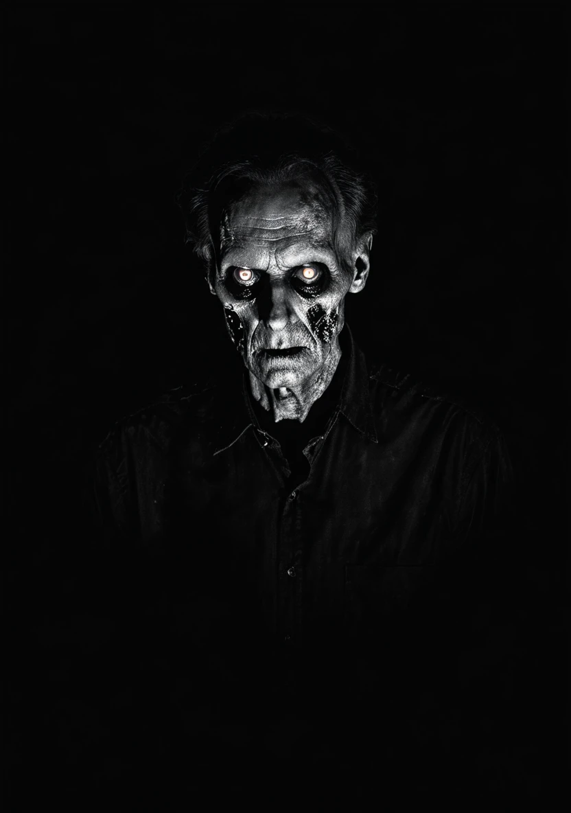 A single Zombie James Watson man black olo shirt in the dark room glowing eyes black and white image