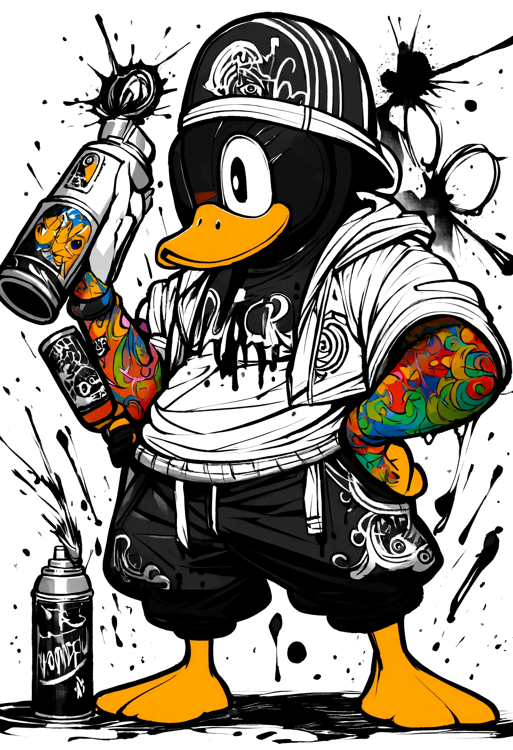hip hop, gangster duck, music, spray, ink, black and white