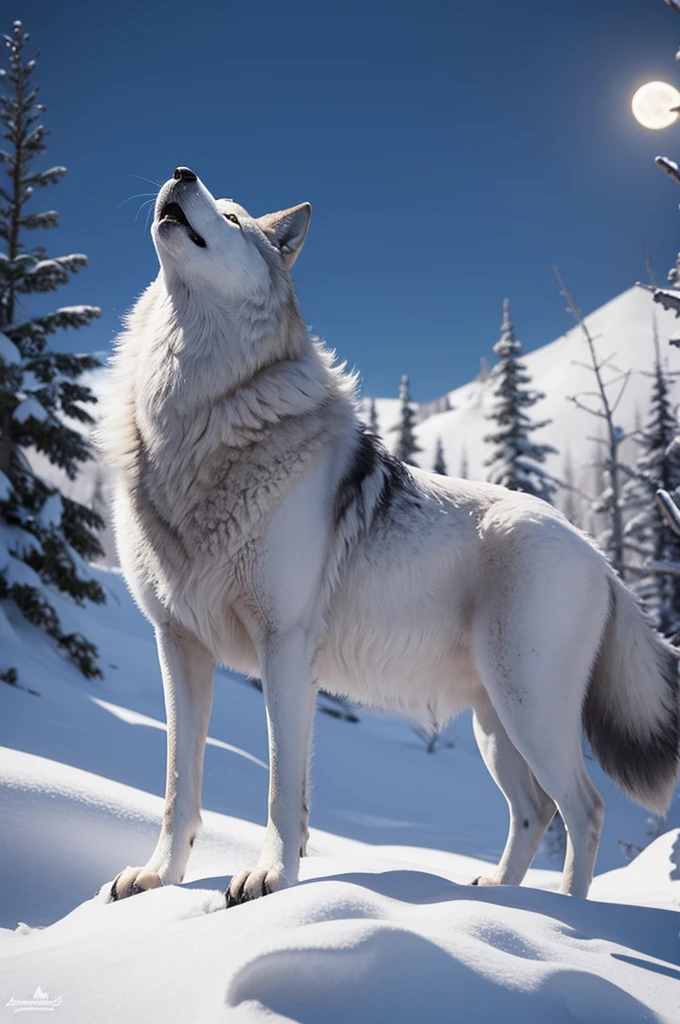 Wolf in the snow and howling at the moon!