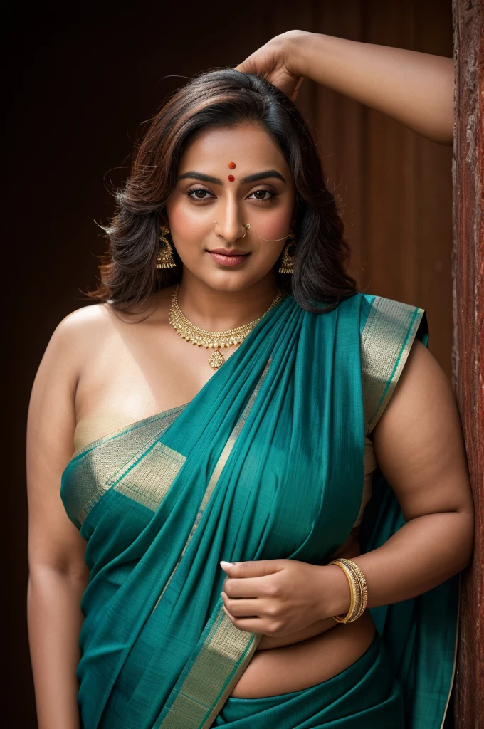 Foto RAW, photorealistic, photography, full body shot, master shot, perfect eyes, goddess like beauty, pierced eyes, perfect thick chubby mallu Desi aunty bhabhi, Wearing a Stanapatta, a chest-band.Saree model, model Photography, Indian saree shoot, Indian traditional wear advertising photography, traditional wear brand shoot, face of Indian actress Sonakshi Sinha, masterpiece, realistic, realism, incredible details, pleasure, photorealism, detailed skin, skin pores, high contrast, photorealistic Artstation 8k HD digital art trend of high definition and detailed realistic skin texture, ultra detail, realistic skin texture, armature, best quality, ultra high definition, (photorealistic:1.4),, high resolution, detail, raw photo, sweat, Re sharp, by Lee Jefferies Nikon D850 Film Stock Photo 4 Kodak Portra 400 Camera F1.6 Lens Rich Color Ultra Real Realistic Realistic Textures Dramatic Lighting Unreal Engine Trending at Art Station Cinestill 800,(pele altamente detalhada: 1.2), 8k UHD, DSLR, soft-lighting, alta qualidade, grain of film, Fujifilm XT3,she didn't like to wear blouse or bra, she is happy to wear only saree, she hates blouse or bra, detailed hairy armpits, hyper realistic skin, skin pores, sweat, veins,