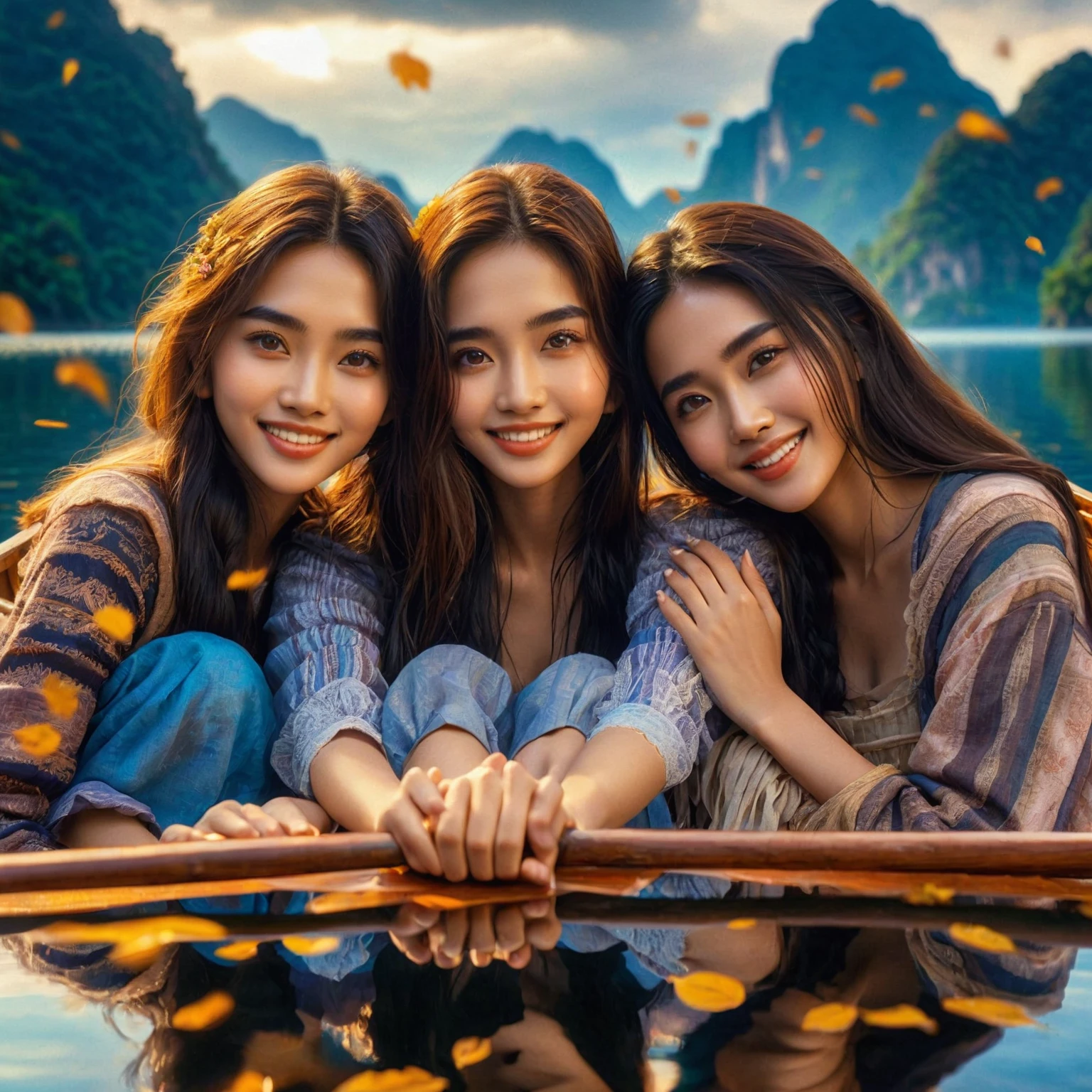 friendship movie poster, stunning surreal depiction design, focus on faces, three beautiful young Thai women with long hair, wearing rustic clothes, harmonious friendship, they are happy, smiling, they are in a wooden boat rowing on a paradise lake beautiful with reflection, perfect face, hands and feet, stunning view of the lake and hills of paradise, blue sky, falling leaves, looks like a movie, Taken using Sony Alpha α7CR, UHD 1536px, high quality.
