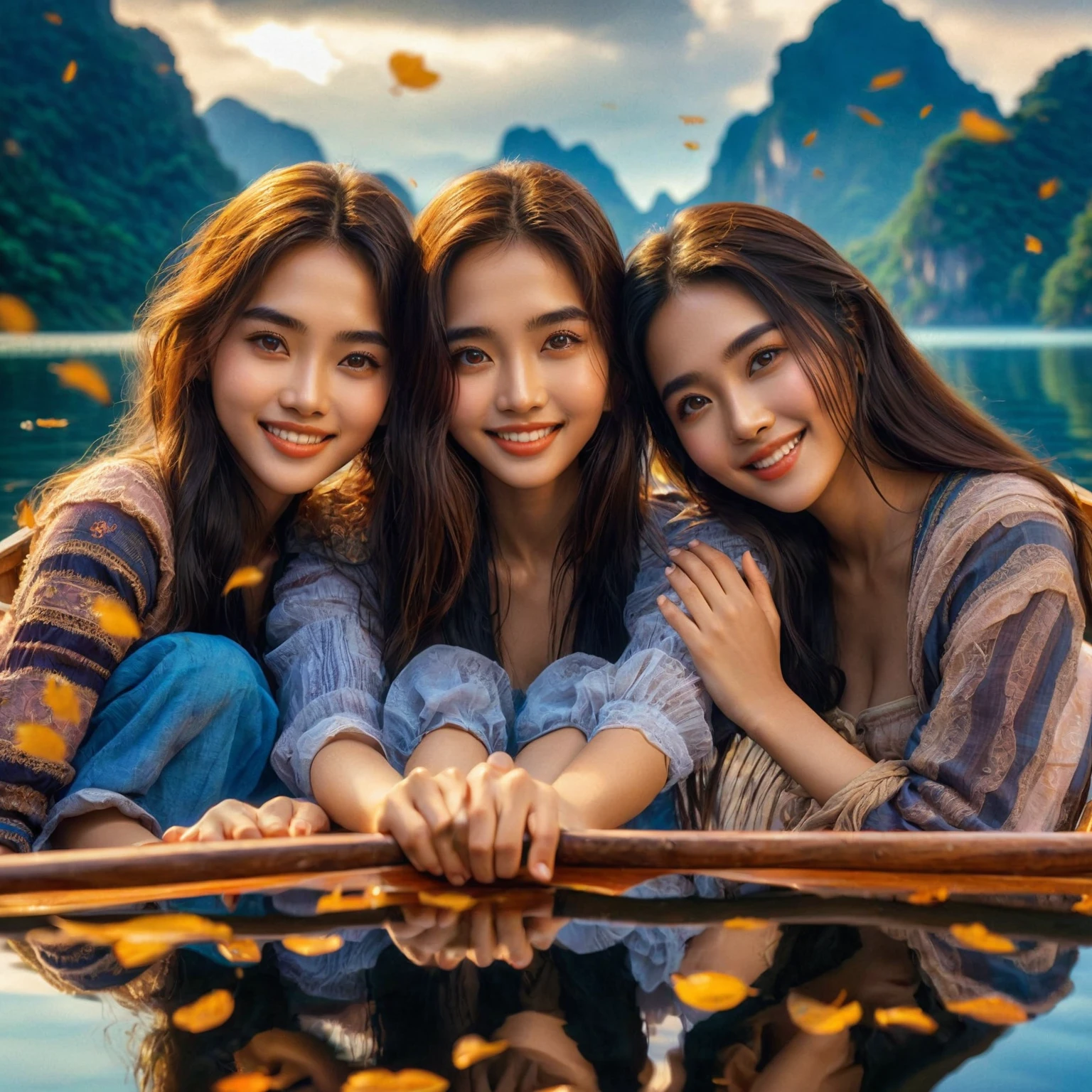 friendship movie poster, stunning surreal depiction design, focus on faces, three beautiful young Thai women with long hair, wearing rustic clothes, harmonious friendship, they are happy, smiling, they are in a wooden boat rowing on a paradise lake beautiful with reflection, perfect face, hands and feet, stunning view of the lake and hills of paradise, blue sky, falling leaves, looks like a movie, Taken using Sony Alpha α7CR, UHD 1536px, high quality.