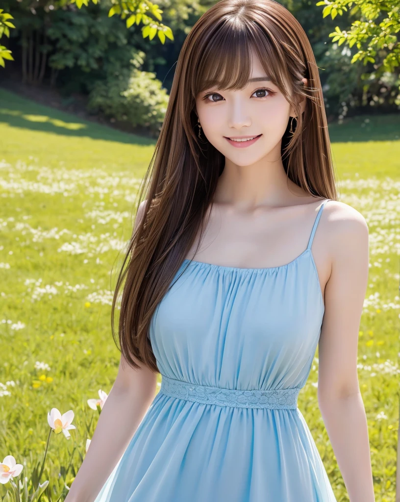 (Highest quality, 32k, High resolution, Masterpiece:1.5), marimo_jet, god々A photograph with brilliant dazzling and healing power., Evoking a sense of calm and elusive beauty, Expressing emotions, Have a rich imagination,Beautiful Japanese Girls, An exceptionally beautiful face, Small Face Beauty, Perfect Human Anatomy, Magical big eyes, Motherhood and generosity, Deep Love, fleeting smile, ((Shiny brown hair:1.1)), Super Long Straight Silk Hair, Asymmetrical bangs, Hair between the eyes, Transparent, soft white skin, Sharp eyebrows, Thin lashes, Natural Makeup, Cheek highlighter, Pale pink detailed lips, ((Blue dress:1.2)), High resolutionの完璧な鎖骨, High resolutionの美しい胸元, Slim figure with ample breasts, High resolutionの美しい太もも, Beautiful legs, ((On the hill in spring:1.3)), Dazzling sunlight, blue sky, White cloud, Professional Lighting, Professional photographer, Professional models, god秘的