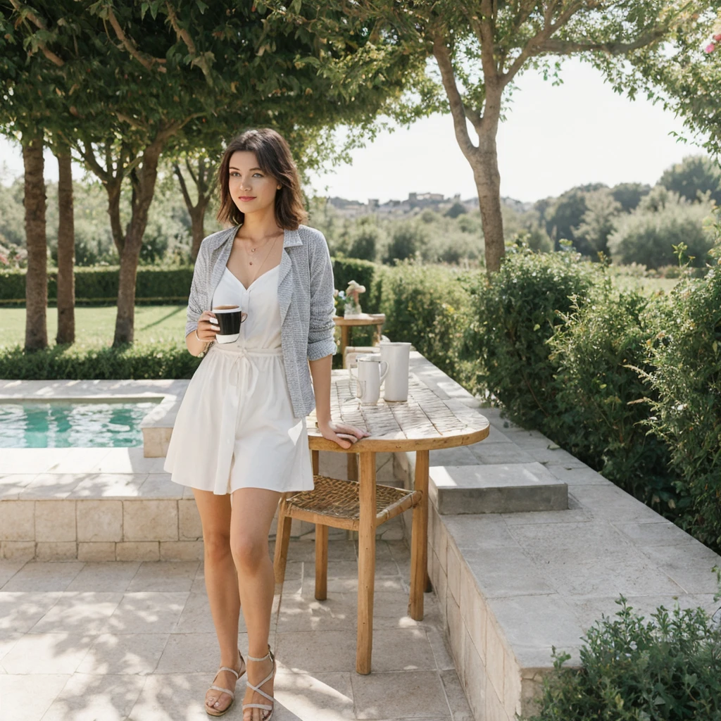 Jeune femme de 25 ans, brune, extrêmement réaliste, tenue casual chic, vêtement détaillés, qui prend un café au lever du jour au bord d'une grande piscine dans le jardin d'une grande villa