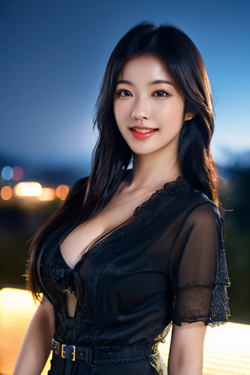 (a gorgeous japanese lady, Age 18, wearing a translucent black fashion dress, natural pose under night sky, soft natural moonlight shines, slender figure with ample round bosom, fair skin, beautiful detailed face, detailed eyes, alluring smile, aegyo dimples, kawaii snaggle-tooth,(best quality,8K,highres,masterpiece:1.2),ultra-detailed,(realistic,photorealistic,photo-realistic:1.37),HDR,uhd,vivid colors,studio lighting,extremely detailed,professional, high camera angle, camera focused on bosom, bokeh night background)