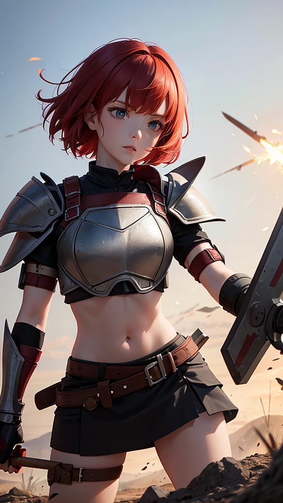 Red-haired girl with short hair with destroyed armor, injured wielding an ax imbued with red magic on a ruined battlefield