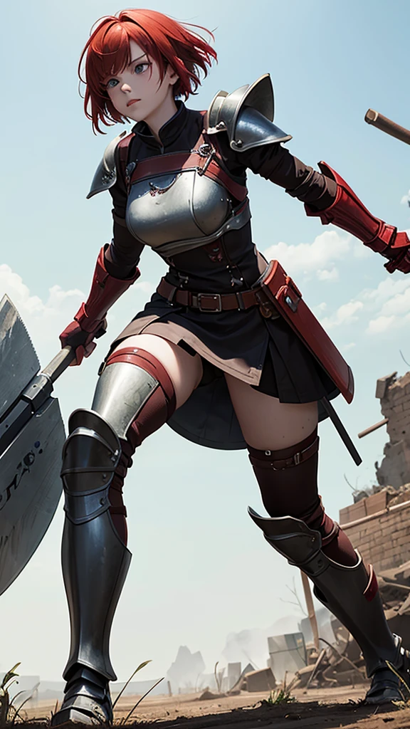 Red-haired girl with short hair with destroyed armor, injured wielding an ax imbued with red magic on a ruined battlefield