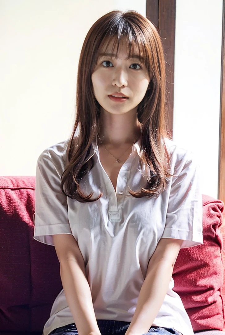 ((Blushing、Both hands are in front of the navel、A photo of her panties showing through a short polo shirt、Hands roll up shirt、She is wearing a navy polo shirt and luxurious white panties.、:1.4))、Being in the living room、Length cream hair color、Her huge breasts are obvious even through her clothes..、Small earrings、Light brown hair color、:1.4))、Shiny Hair、Light beige hair color、Background Blur、Light brown hair、{{Cowgirl Shot}}、((Close-up shot from the waist up、Big Breasts:1.4))、Big Breasts、にっこりsmile、服からでも分かるBig Breasts、Cowboy Shot、素敵なsmile、((Revealing clothing))、Full body photo、ring、Tuck your hair behind one ear、Silver Necklace、smile、Caustics、Highly detailed photos、Big Breasts、Super no makeup、(8K、RAW Photos、Highest quality、masterpiece:1.2)、(Realistic、Realistic)、1 Girl、((Big Breastsショートヘア、Looking into the camera:1.4))、Hair blowing in the wind