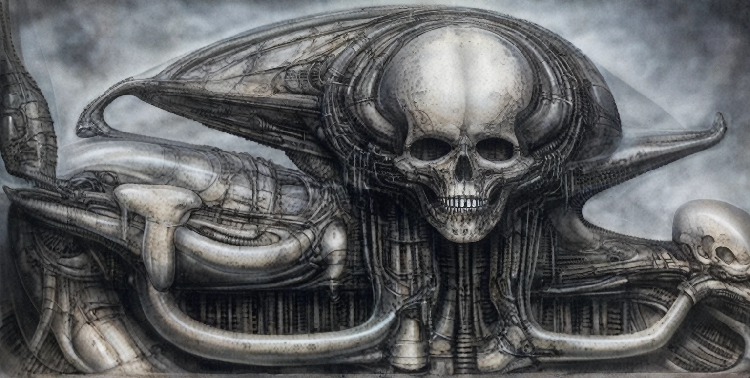 g1g3r, The image is a detailed view of H.R. Giger's \" Landscape XVI \" plate, featuring a complex network of bones and organs in a purple-brown hue ,swirling gray and brown colors. The artwork is silver and purplish brown, with an ivory bones prominently displayed. The image is highly detailed and intricate, almost like a 3d version of a medical diagram
The image is an artistic representation of a mechanical structure with pipes and gears, with a skeletal creature and a windmill blade.


The image depicts a surreal, anatomical illustration of a alien body with a skeleton inside, surrounded by a network of tubes and pipes.

biomechanical landscape by Hans Rudie Giger composed of fossilized and mummified alien life forms. Image depicts a strange and dreamlike, combines biological and mechanical ,managed  to dreamlike quality. Centralized recognizable shapes of skulls, rib cages, and spines, all intertwined with tubes and cables. These shapes suggest fossilized mummified alien life forms. Central skeletal structures and what appears to be a ribcags of ivory in the foreground are the most identifiable organic elements. The mechanical elements are evident in the wires and tubes emanating from the skeletals, as well as the smooth metallic tubes. In the background shapes are visible that could be interpreted as other fossilized or mummified alien life.
Light source from the top highlights skeletals, upper part of foreground, lower part of image is in shadow.


The piece is a tableau, most likely created with a India ink pen or pencil on paper, determined by the thin lines, shading techniques, and the texture of the paper, which is visible around the edges.
used is pen, given the shading and variations in line weight visible in the image. One have used a variety of pencils with different degrees of hardness to achieve the shading effects

The style  is clearly biomechanical. Features combination of organic and mechanical forms. Mechanical elements dominate the composition