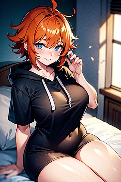 Ginger hair, blue eyes, rounded rear, good breast, thick thighs, wide hips, tall, freckles, at bed, close to viewer, short tomboyish hair, tomboy, messy hair, black hoodie, one girl, orange haired, beautiful, cute, blushing, five fingers, cute, a bit chubby, soft chubby, smiling shily, big soft legs, freckles on face. Freckles on legs, messy hair tomboy style 