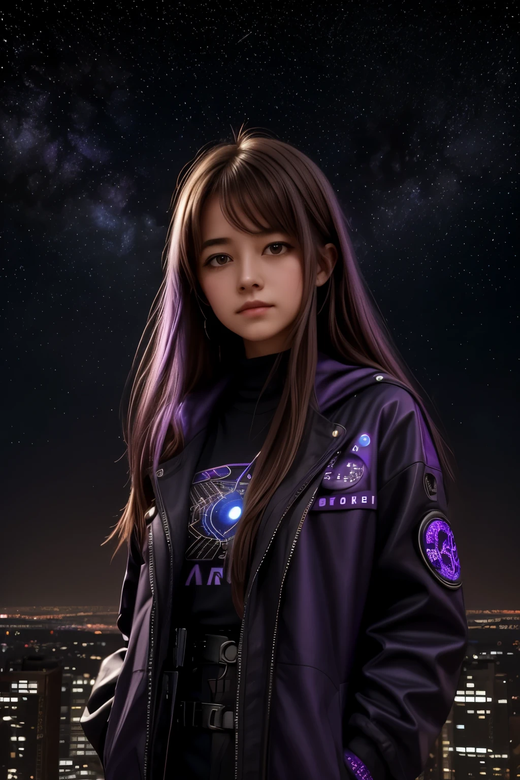 girl under starry sky with the constellations of the zodiac, shades of purple as if they were nebulae, vast space, cyberpunk city at the bottom,