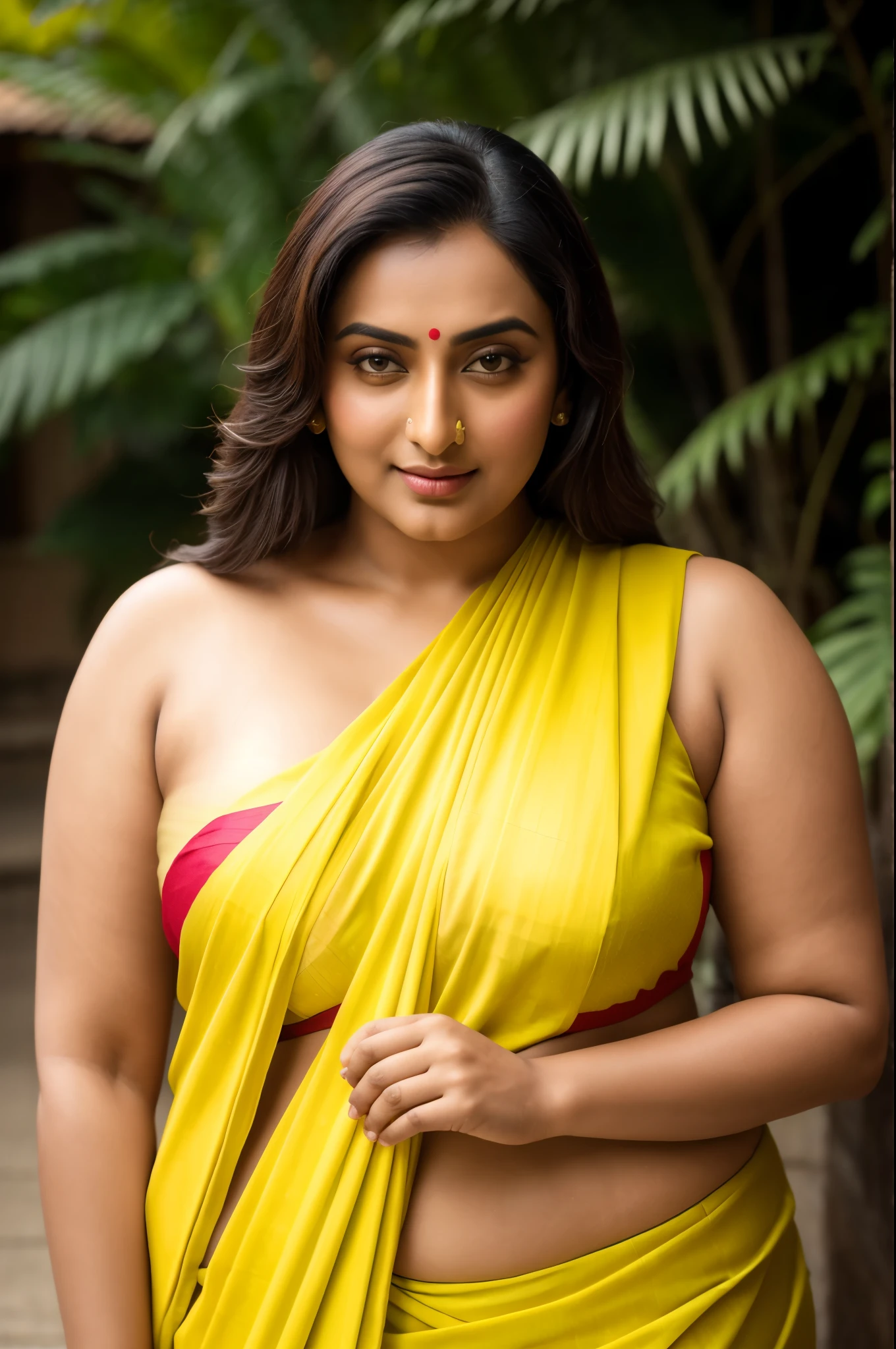 Foto RAW, photorealistic, photography, full body shot, master shot, perfect eyes, goddess like beauty, pierced eyes, perfect thick chubby mallu Desi aunty bhabhi, Wearing a Stanapatta, a chest-band.Saree model, model Photography, Indian saree shoot, Indian traditional wear advertising photography, traditional wear brand shoot, face of Indian actress Sonakshi Sinha, masterpiece, realistic, realism, incredible details, pleasure, photorealism, detailed skin, skin pores, high contrast, photorealistic Artstation 8k HD digital art trend of high definition and detailed realistic skin texture, ultra detail, realistic skin texture, armature, best quality, ultra high definition, (photorealistic:1.4),, high resolution, detail, raw photo, sweat, Re sharp, by Lee Jefferies Nikon D850 Film Stock Photo 4 Kodak Portra 400 Camera F1.6 Lens Rich Color Ultra Real Realistic Realistic Textures Dramatic Lighting Unreal Engine Trending at Art Station Cinestill 800,(pele altamente detalhada: 1.2), 8k UHD, DSLR, soft-lighting, alta qualidade, grain of film, Fujifilm XT3,she didn't like to wear blouse or bra, she is happy to wear only saree, she hates blouse or bra, detailed hairy armpits, hyper realistic skin, skin pores, sweat, veins,