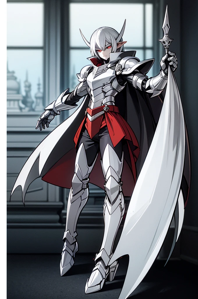 male elf knight, full body art, silver hair, white skin, red iris eye, knight full plate adorned armor, silver cape, perfectly detailed