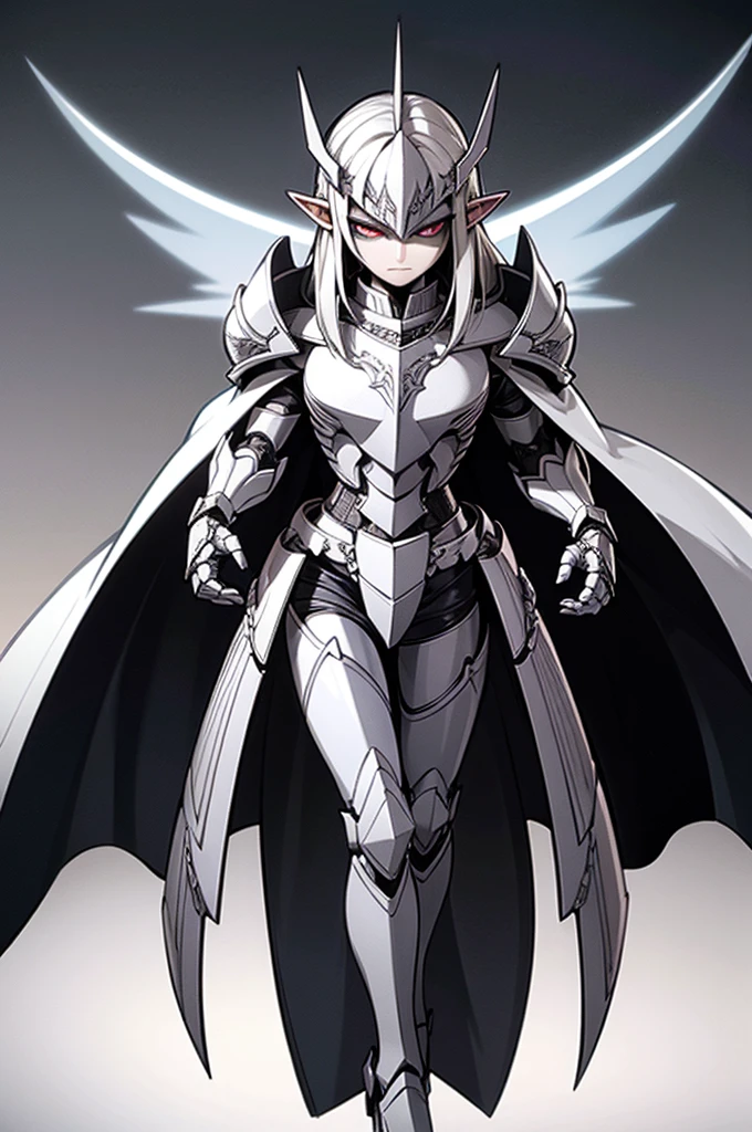 male elf knight, full body art, silver hair, white skin, red iris eye, knight full plate adorned armor, silver cape, perfectly detailed