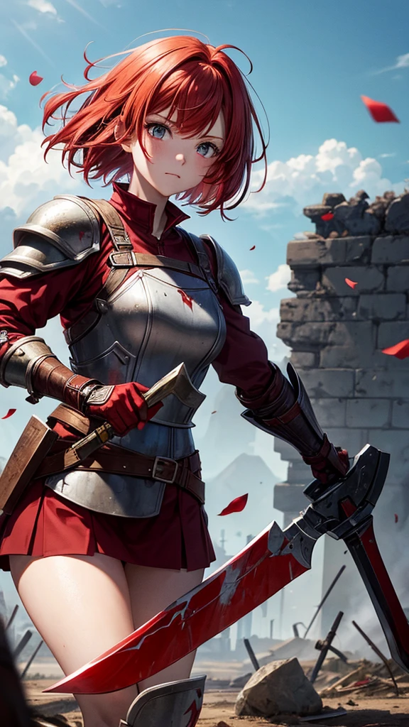 Red-haired girl with short hair with destroyed armor, injured wielding an ax imbued with red magic on a ruined battlefield
