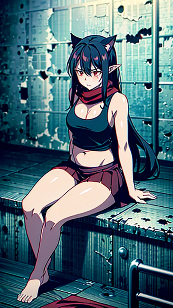 1girl ,20s,show belly,black sleeveless and shoulderless t-shirt,cleavage,slave's torn red skirt,red scarf,bare foots,,medium tits,black hair,long hair,red eyes,elves ears,Cat ears,scared expression,crying, sitting on the floor in a dark and dirty prison saddle
