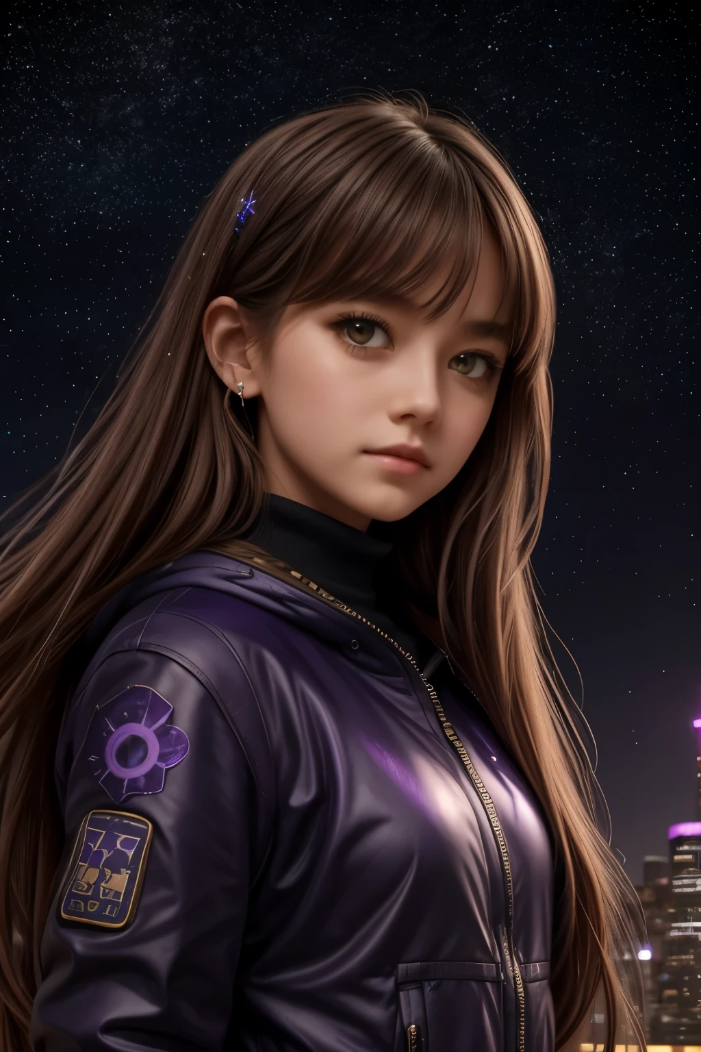 girl under starry sky with the constellations of the zodiac, shades of purple as if they were nebulae, vast space, cyberpunk city at the bottom,  