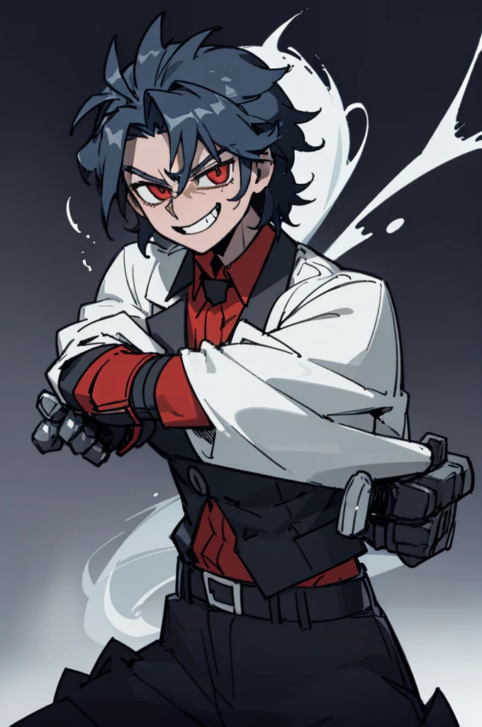 Male, man, masculine, muscular, , uniform, brown and black uniform, excited, fighting stance, high quality, simple background, smiling, sharp eyes, dark red eyes, deep blue hair, fighting position, guy, dude