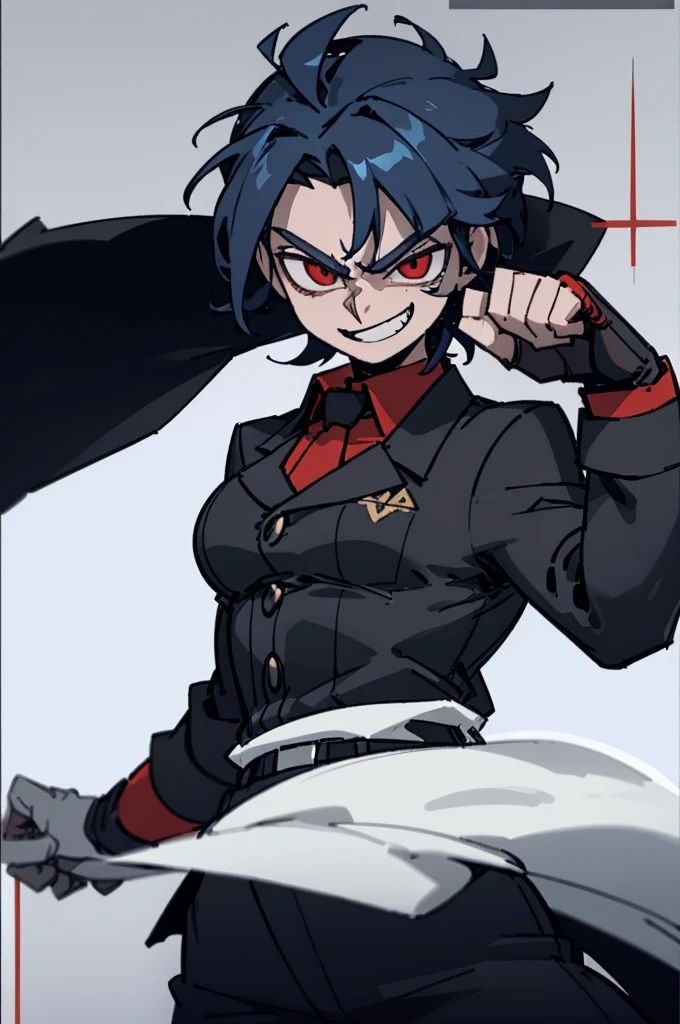 Male, man, masculine, muscular, , uniform, brown and black uniform, excited, fighting stance, high quality, simple background, smiling, sharp eyes, dark red eyes, deep blue hair, fighting position, guy, dude