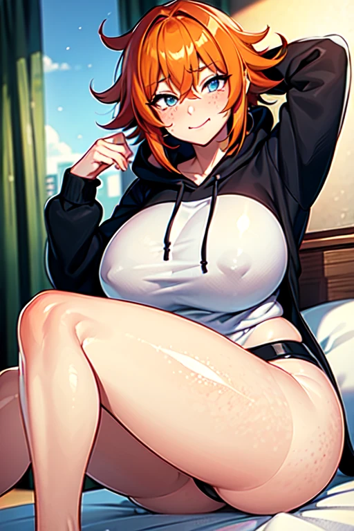 Ginger hair, blue eyes, rounded rear, good breast, thick thighs, wide hips, tall, freckles, at bed, close to viewer, short tomboyish hair, tomboy, messy hair, black hoodie, one girl, orange haired, beautiful, cute, blushing, five fingers, cute, a bit chubby, soft chubby, smiling shily, big soft legs, freckles on face. Freckles on legs, messy hair tomboy style