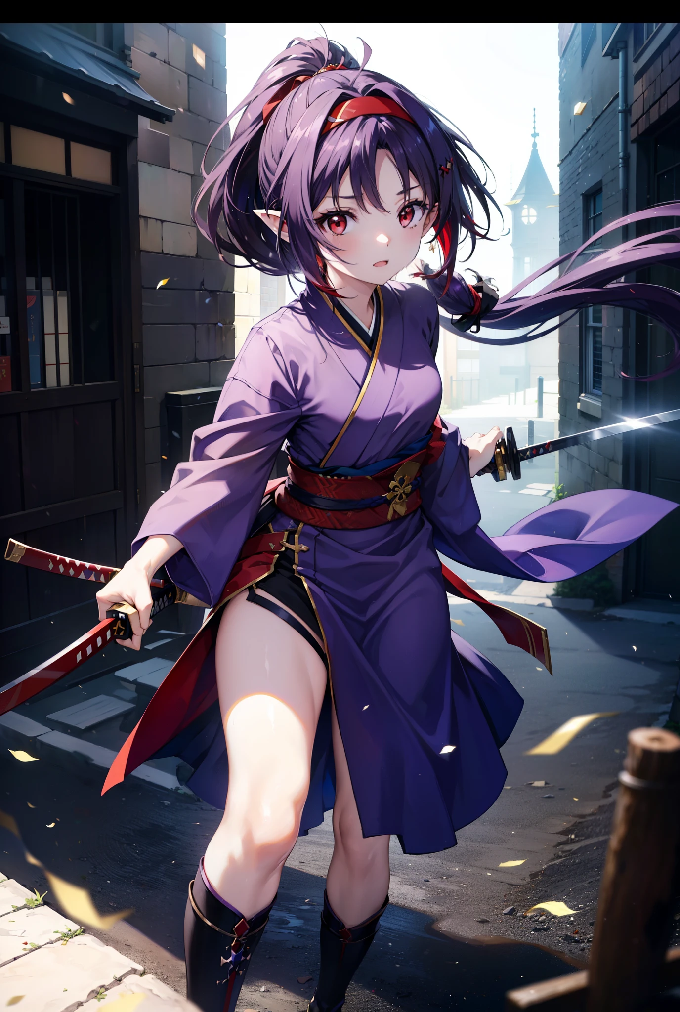 yuukikonno, Yuki Konno, hair band, Long Hair, Pointy Ears,ponytail, Purple Hair, (Red eyes:1.5), (Small breasts:1.2), Open your mouth,Purple kimono,Red long skirt,boots,Hold the sword grip with both hands,Battoujutsu,
break looking at viewer, Upper Body, whole body,
break outdoors, Medieval European streets,
break (masterpiece:1.2), Highest quality, High resolution, unity 8k wallpaper, (shape:0.8), (Narrow and beautiful eyes:1.6), Highly detailed face, Perfect lighting, Extremely detailed CG, (Perfect hands, Perfect Anatomy),