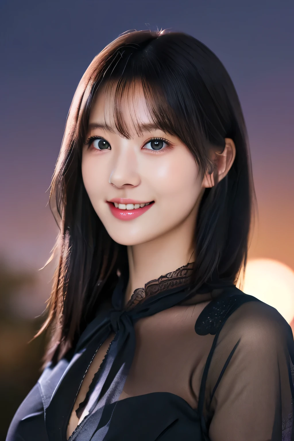 (a gorgeous japanese lady, Age 18, wearing a translucent black fashion dress, natural pose under night sky, soft natural moonlight shines, slender figure with ample round bosom, fair skin, beautiful detailed face, detailed eyes, alluring smile, aegyo dimples, kawaii snaggle-tooth,(best quality,8K,highres,masterpiece:1.2),ultra-detailed,(realistic,photorealistic,photo-realistic:1.37),HDR,uhd,vivid colors,studio lighting,extremely detailed,professional, high camera angle, camera focused on bosom, bokeh night background)