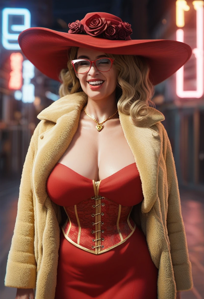 milf woman, Shion Karanomori based, blonde short wavy hair, encorped, golden fur coat jacket, red dress, golden corset, red glasses, red liptcik, golden chocker, golden necklaces, roses tattoo whole body, big red hat, city background, morning, milf, laugh, red neon light
