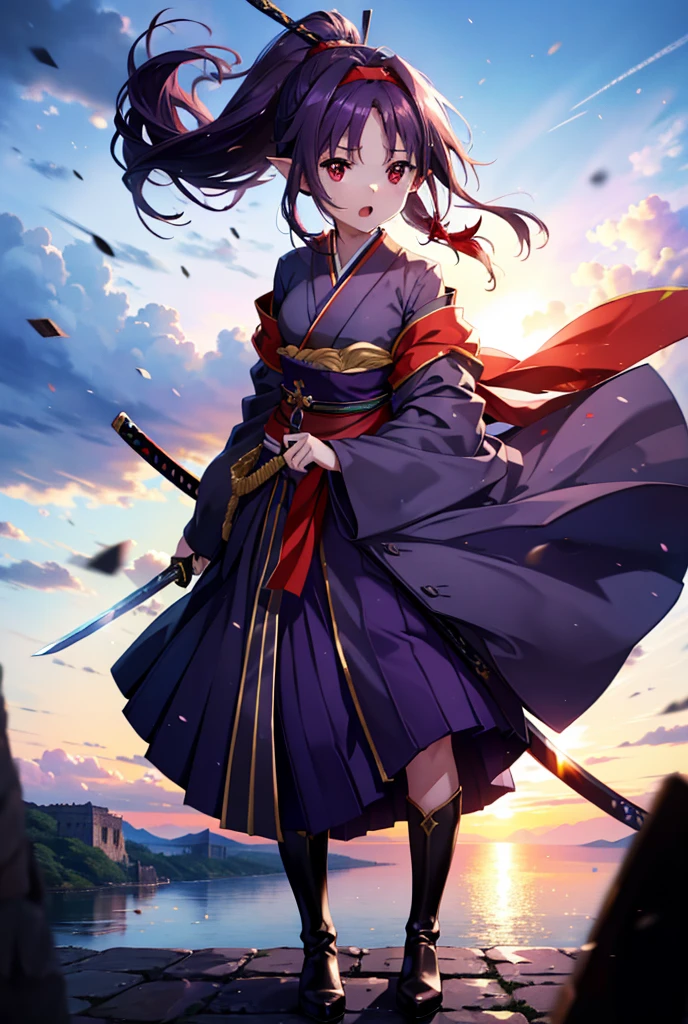 yuukikonno, Yuki Konno, hair band, Long Hair, Pointy Ears,ponytail, Purple Hair, (Red eyes:1.5), (Small breasts:1.2), Open your mouth,Purple kimono,Red long skirt,boots,Hold the sword grip with both hands,Battoujutsu,
break looking at viewer, Upper Body, whole body,
break outdoors, Medieval European streets,
break (masterpiece:1.2), Highest quality, High resolution, unity 8k wallpaper, (shape:0.8), (Narrow and beautiful eyes:1.6), Highly detailed face, Perfect lighting, Extremely detailed CG, (Perfect hands, Perfect Anatomy),