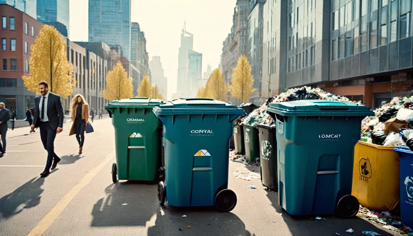 middle ground camera view of many kind of beautiful people walking on the street wearing ((in front of the houses(((there are big garbage mounds on the street and many full trash cans))).They are walking in a pedestrian street in a megacity at morning time. Males are wearing suits or t-shirt with blue jeans. the people have photorealistic faces and bodies, different detailed facial features, perfect eyes and mouthes and skins with real human hands and hair blown in the wind, rule of thirds.Different styled high tech futuristic buildings cover the side of the  street, the natural light of the sun illuminates at daytime. Bustling megacity with many skyscrapers in the background, Natural lights, neutral colors, lomochrome, vintage color tones, dramatic, dynamic composition.Lifelike textures, sharp focus, depth of field, cinematic lighting, Contrast lighting, volumetric lighting, best shadows,sharp focus, depth of field, movie styled, crystall clear, photorealism, Realism, Cinematic, Photoreal, 35mm film Screengrab a Super Panavision film, in color. best quality , hdr, uhd, 8k, 35 mm film, analog camera shot.