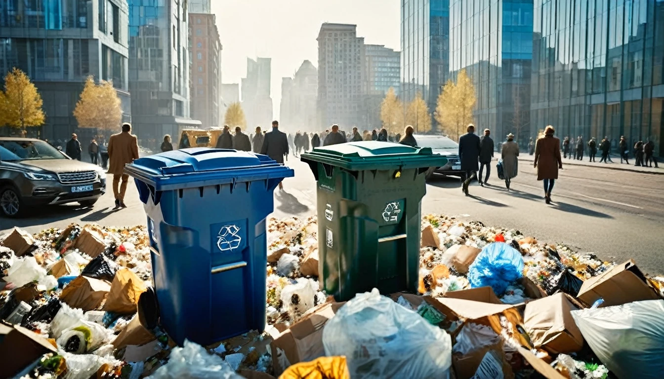 middle ground camera view of many kind of beautiful people walking on the street wearing ((in front of the houses(((there are big garbage mounds on the street and many full trash cans))).They are walking in a pedestrian street in a megacity at morning time. Males are wearing suits or t-shirt with blue jeans. the people have photorealistic faces and bodies, different detailed facial features, perfect eyes and mouthes and skins with real human hands and hair blown in the wind, rule of thirds.Different styled high tech futuristic buildings cover the side of the  street, the natural light of the sun illuminates at daytime. Bustling megacity with many skyscrapers in the background, Natural lights, neutral colors, lomochrome, vintage color tones, dramatic, dynamic composition.Lifelike textures, sharp focus, depth of field, cinematic lighting, Contrast lighting, volumetric lighting, best shadows,sharp focus, depth of field, movie styled, crystall clear, photorealism, Realism, Cinematic, Photoreal, 35mm film Screengrab a Super Panavision film, in color. best quality , hdr, uhd, 8k, 35 mm film, analog camera shot.